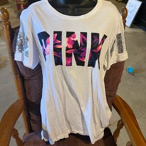 PINK Victorias Secret White T-Shirt with Floral Lettering & Silver Sequin Letter